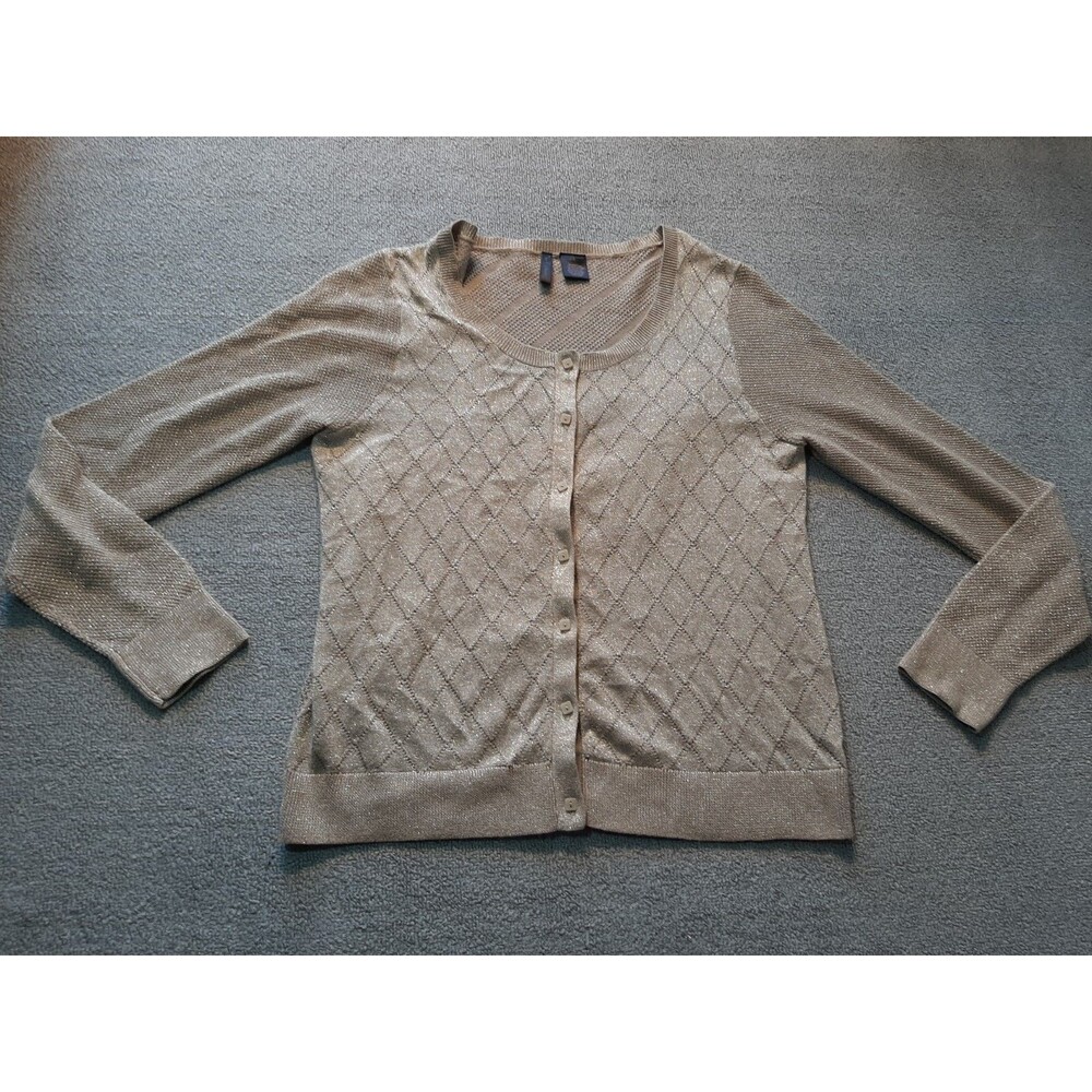 Nue Options Womens Large L Long Sleeve Gold Shiny Fabric Knit button Up